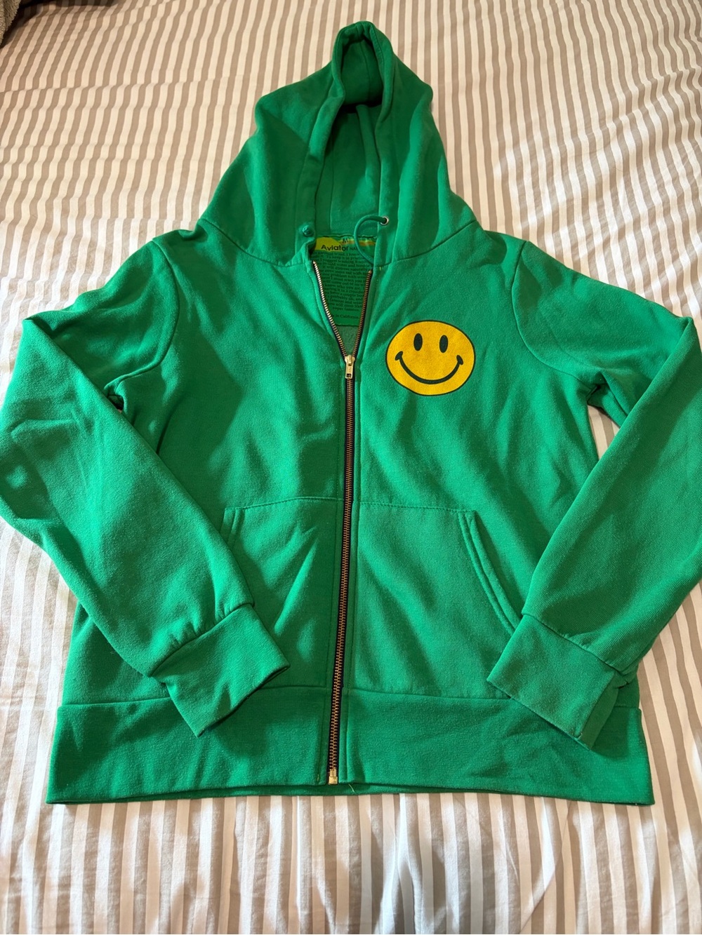 Aviator Nation Green Zip-Up Hoodie with Yellow Smiley Patch